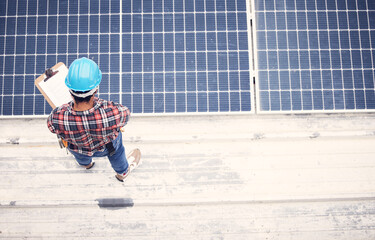 Solar panel, clipboard and technician man inspection, energy saving maintenance and sustainable power above. Engineering person, electrician or contractor and checklist for photovoltaic grid safety