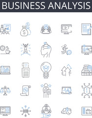 Business analysis line icons collection. Market research, Financial planning, Sales analytics, Risk assessment, Project management, Customer insights, Performance evaluation vector and linear