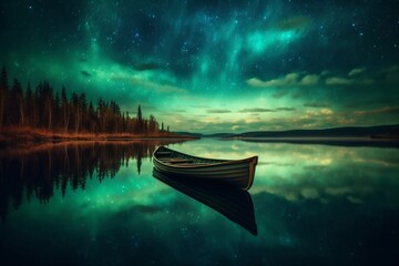 green polar lights over a lake on which a small rowboat floats created with Generative AI technology