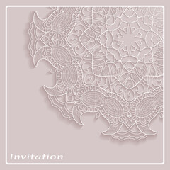 Lace Invitation Card template with mandala element. Doodle line pattern. Decorative openwork filigree art background for Wedding, Valentine's day greeting card, Birthday Invitation