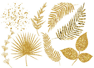Set of gold leaves of trees, metal twigs with glittering leaves of abstract plants, palm trees, ferns, splashes of gold, a spatter of gold elements