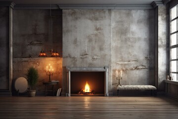 Loft interior background fireplace on old wall. Generative AI