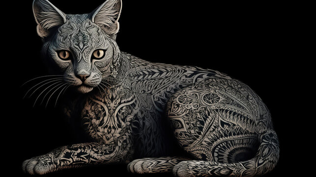 Isolated Cat Animal With Tattoo Of Mandala Fractal Abstract On Black Background, Generative Ai