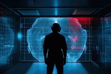 A Man Standing In A Room With A Large Screen Behind Him Hospital Video Art Neuroscience Generative AI