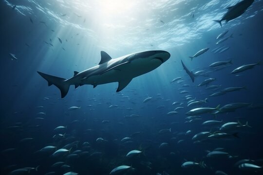 Shark encounter,Large school of sharks patrolling underwater. 3d rendering. Generative AI