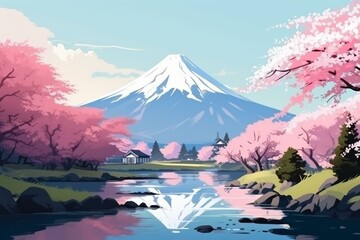 Fuji mount with sakura trees and river, landscape anime style. Beautiful landscape mount Fuji. Generated by AI. Generative AI