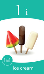 English alphabet flash card. Letter I study - ice cream.  Kids ABC cards. Phonics flashcards collection. Cartoon illustration vector.