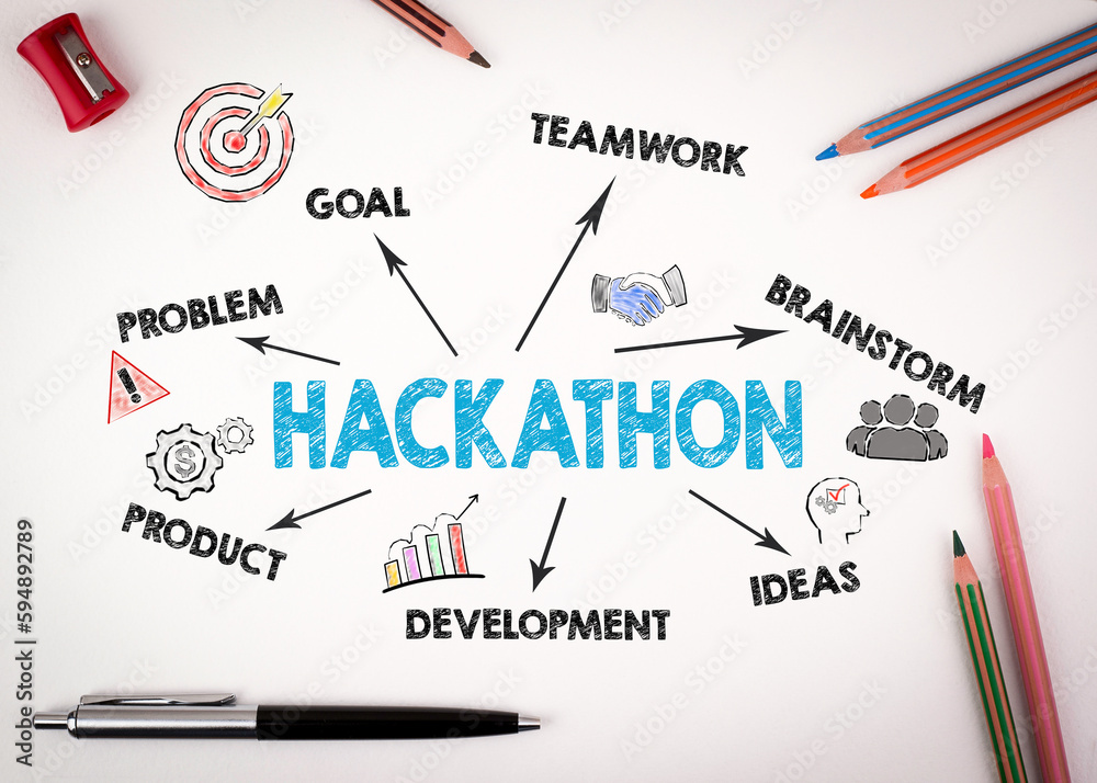 Sticker hackathon concept. chart with keywords and icons on white desk with stationery