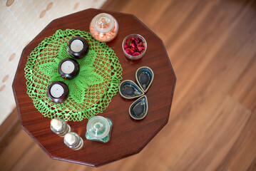 Spa supplies in beautifully arranged wooden trays.