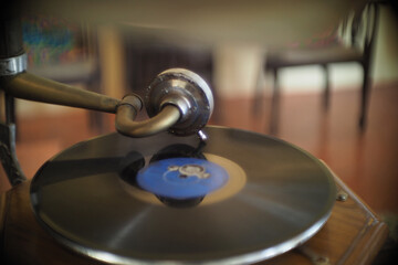 An old battered record player audio device