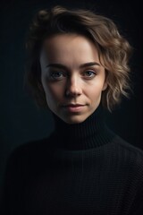 a pretty young woman wears a black turtleneck sweater created with Generative AI technology