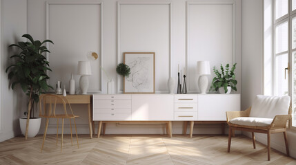 Fototapeta na wymiar Idea of a white empty scandinavain room interior with vases on the wooden floor and large wall and white landscape in windows. Background interior. Home nordic interior. Generative Ai