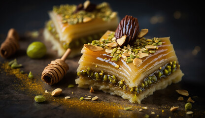 Sweets arabic dessert baklava, warbat , kunafa, kadayif with pistachio and cheese. Generative Ai - obrazy, fototapety, plakaty