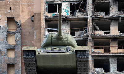military tank on a city street in Ukraine