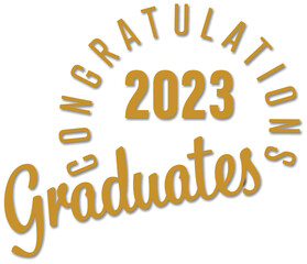 Graduation 2023 Text in Gold on White Background with Circular and Diagonal Design