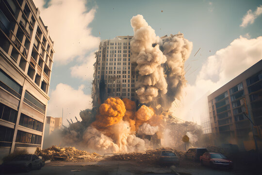 Old building demolition by controlled implosion using explosives aftermath. Generative AI.