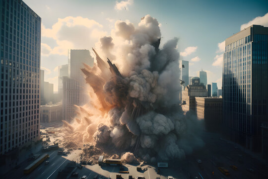 Old building demolition by controlled implosion using explosives aftermath. Generative AI.