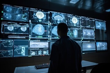 A Man Looking At A Display Of Brain Images On A Wall Hospital Advertising Photography Medical Imaging Generative AI
