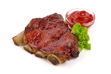 Roasted spicy ribs in a bbq or tomato sauce with herbs, isolated on a white background.