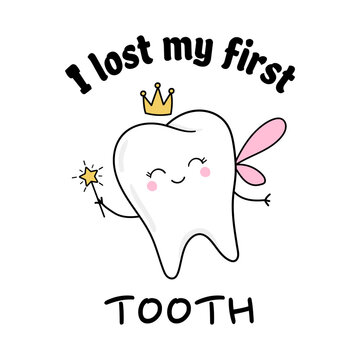 I lost my first teeth. Cute tooth fairy wearing crown and holding star magic wand. Children tooth fairy. Baby girl first lost tooth concept. Concept of medical cabinet, children dentistry.