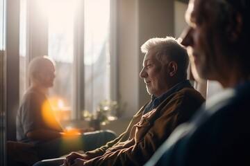 Obraz premium A Man Sitting In A Chair Next To A Woman In A Living Room Conference Room Advertising Photography Retirement Planning Generative AI