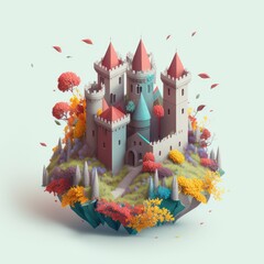 Isometric fairytale castle surrounded by flowers
