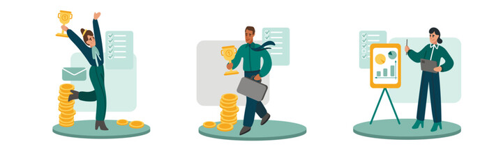 Set of cartoon characters getting salary and income growth