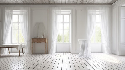 Idea of a white empty scandinavain room interior with vases on the wooden floor and large wall and white landscape in windows. Background interior. Home nordic interior. Generative Ai