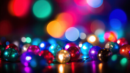 Obraz na płótnie Canvas Blur bright multicolored lights on a dark background. Christmas texture for greeting cards. Generative Ai