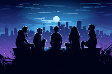 a group of friends sitting, with shades of blue and purple. generative AI