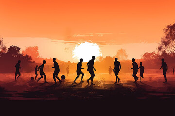 Fototapeta na wymiar A group of people playing soccer in a sunset. generative AI