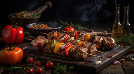 Kebabs - grilled meat skewers, shish kebab with vegetables on black wooden background. Generative Ai