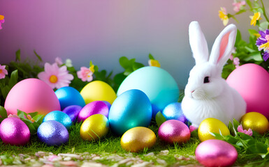 Obraz na płótnie Canvas cute bunny with colorful eggs, creative easter, create with generative Ai