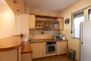 Kitchen interior with appliances and wood elements