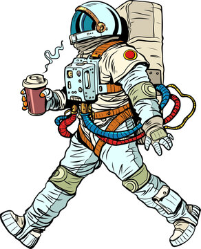 Delivery of a hot drink to any place. Love for coffee all over the world. Astronaut with a cup of coffee. Pop Art Retro