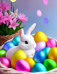Naklejka na ściany i meble cute bunny with colorful eggs, creative easter, create with generative Ai