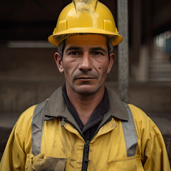 Portrait of a worker with yellow hard hat and raincoat. Concept of industrial and mining work.