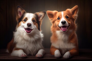 two adorable dogs sitting next to each other, looking into the camera with happy expressions, created with generative ai