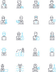 Office manager linear icons set. Organization, Leadership, Multitasking, Communication, Efficiency, Resourcefulness, Strategy line vector and concept signs. Planning,Delegation,Prioritization outline