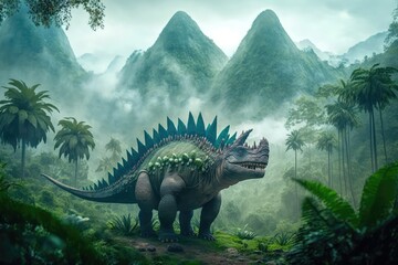 stegosaurus in lush, green jungle, with view of misty mountain range in the background, created with generative ai
