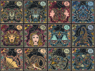 Beautiful colorful square cards with zodiac signs and flowers in ornate victorian style. Seamless pattern.