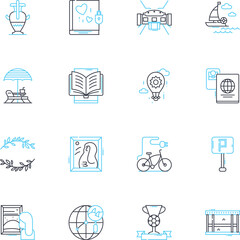 Recreational facility linear icons set. Amusement, Entertainment, Playtime, Leisure, Fun, Activities, Sports line vector and concept signs. Games,Adventure,Experience outline illustrations
