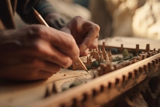 A Person Is Working On A Wooden Object With A Pencil And A Wooden Stick Desert Wood Carving Woodworking Generative AI