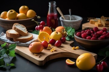 Frisch kochen und Gesunde Küche, leckeres Essen wie Obst und Gemüse. Generative AI - obrazy, fototapety, plakaty