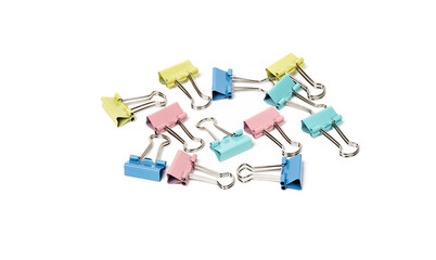 Multicolor binder clips isolated white background. Heap of color stationery clips