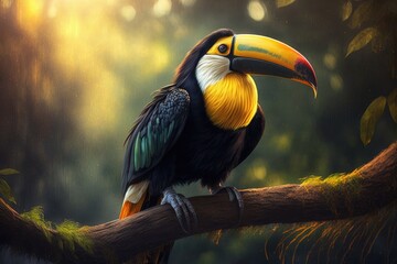 Obraz premium a tucan perched on a tree branch, its feathers shining in the sunlight, created with generative ai