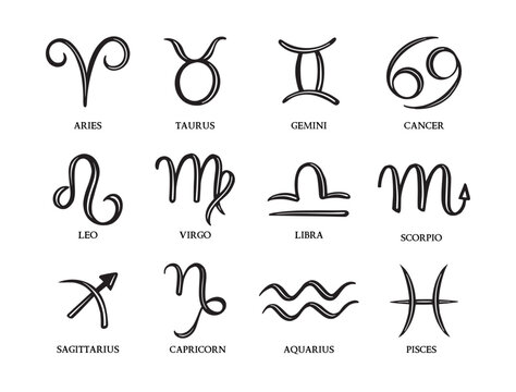 Vector collection of black and white hand drawn zodiac signs