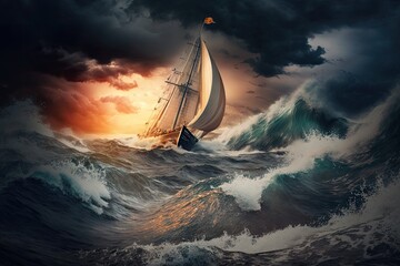 sailing yacht in turbulent sea sailing in a storm against backdrop of setting sun, created with generative ai