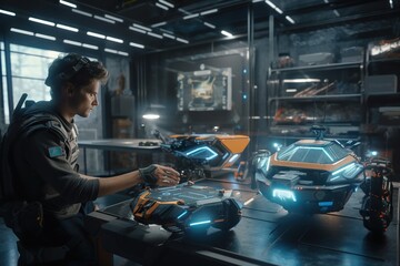 A Man In A Sci - Fi Fi Fi Suit Working On A Car Car Repair Shop Animation Computer Graphics Generative AI