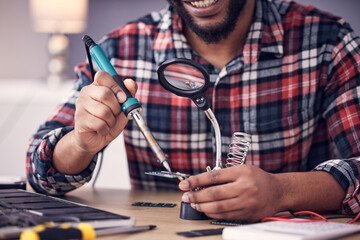 Man, electrician hands with soldering iron to fix computer hardware, magnifying glass and tech...